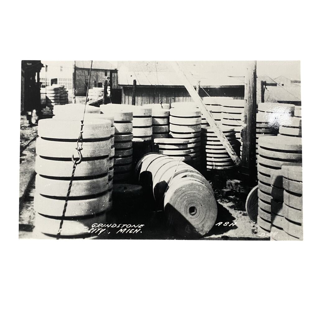 Vintage Grindstone City Stone Piles Michigan RPPC Real Photo B&W Postcard